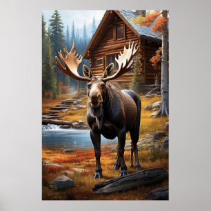 *~* MOOSE Stream Nature Cabin Forest AP49 Poster