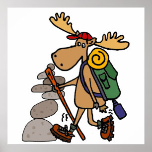 Moose-Wanderung mit Cairn Cartoon Poster