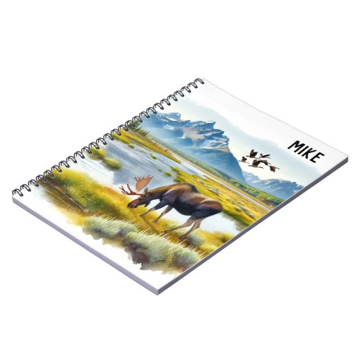Moose Watercolor Ai Art Monogram Notizblock (Linke Seite)