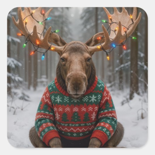 Moose Wearing Ugly Christmas Sweater Quadratischer Aufkleber (Vorderseite)