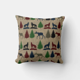 Moose Wolf Pine Tree Rustic Burlap Print Kissen