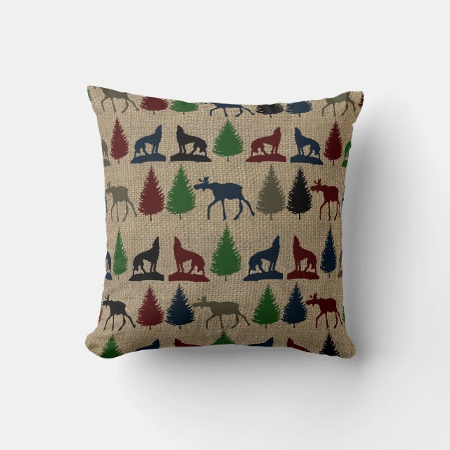 Moose Wolf Pine Tree Rustic Burlap Print Kissen (Vorderseite)