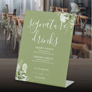 Moosgrüne Blumige Hochzeits-Signature-Drinks Sockelschild