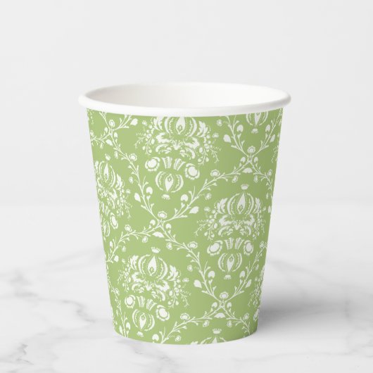 Moosgrüne Damast-Papiertasse Pappbecher (Vorderseite)