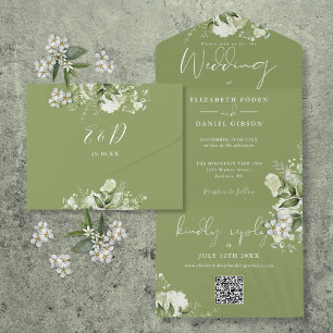 Moosgrüne Florale QR-Code-Monogramm-Hochzeit All In One Einladung
