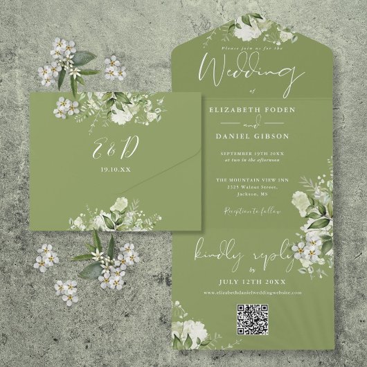 Moosgrüne Florale QR-Code-Monogramm-Hochzeit All In One Einladung
