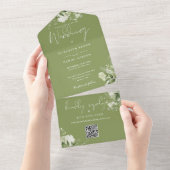 Moosgrüne Florale QR-Code-Monogramm-Hochzeit All In One Einladung (Abreißen)