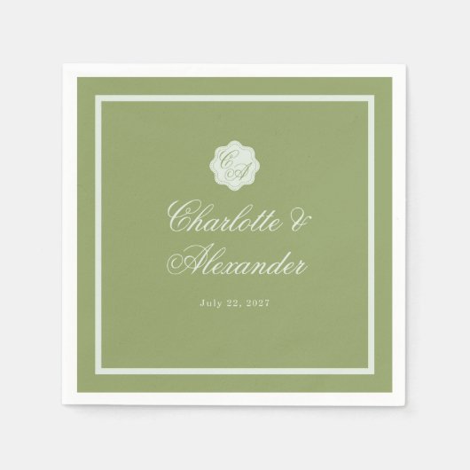 Moosgrüne Kalligrafie-Hochzeitsserviette Serviette (Vorderseite)