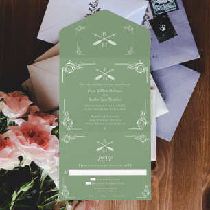 Moosgrüne Monogramm- und Pfeil-Hochzeit All In One Einladung