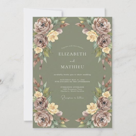 Moosgrüne pastorale Blumenhochzeit Einladung (Vorderseite)