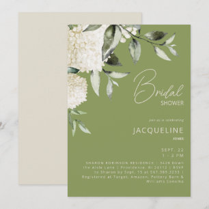Moosgrüne Weiße Hortensien Brautparty Einladung
