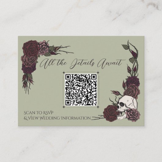 Moosgrüner Blumenschädel & Tinten-QR-Code Karte (Vorderseite)