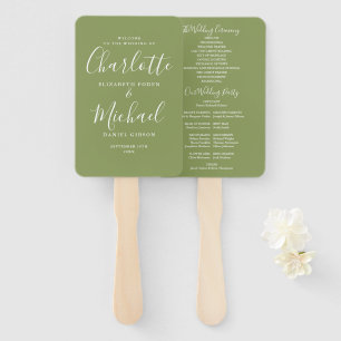 Moosgrünes Hochzeitsprogramm in Signaturschrift Fächer