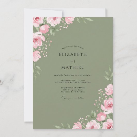 Moosrosa sanfte florale Hochzeit Einladung (Vorderseite)