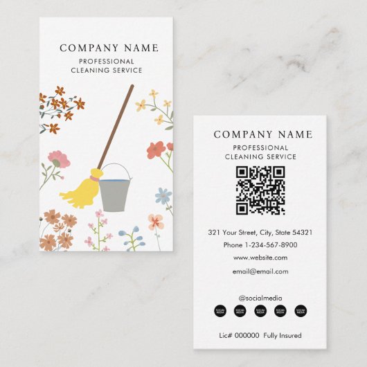 Mop Bucket Floral Professional Cleaning Services Visitenkarte (Vorne/Hinten)