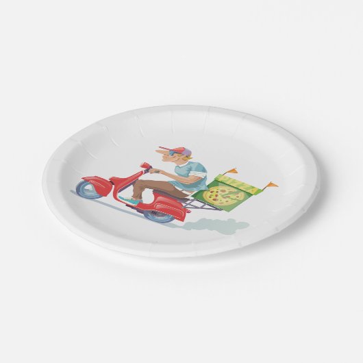 Moped Pizza Lieferung Pappteller (Schrägansicht)