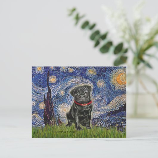 Mops 13 (schwarz) - Starry Night Postkarte (Stehend Vorderseite)