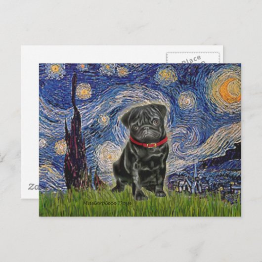 Mops 13 (schwarz) - Starry Night Postkarte (Vorne/Hinten)