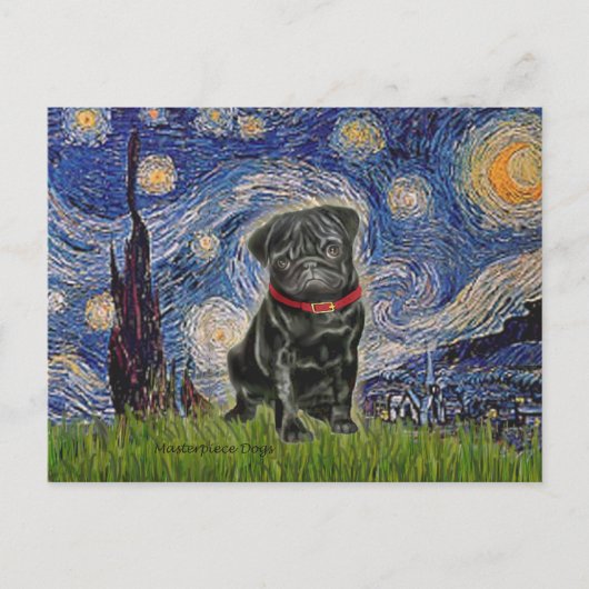 Mops 13 (schwarz) - Starry Night Postkarte (Vorderseite)
