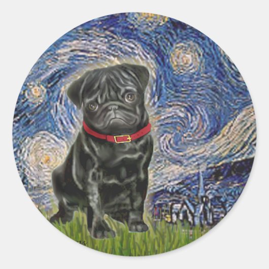 Mops 13 (schwarz) - Starry Night Runder Aufkleber (Vorderseite)