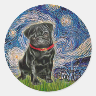 Mops 13 (schwarz) - Starry Night Runder Aufkleber