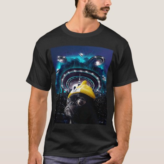 Mops Alien UFO Selfie Niedlich Dog Meme T-Shirt (Vorderseite)