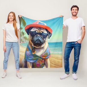 Mops am Strand, Sommergeschenk für Hundefreunde Fleecedecke