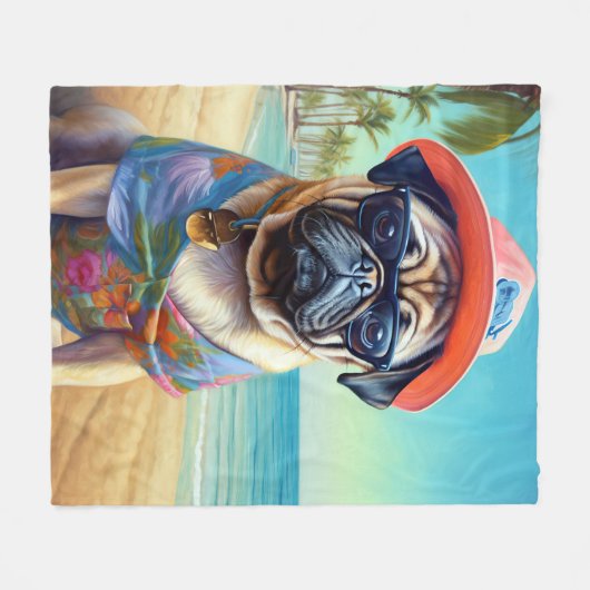 Mops am Strand, Sommergeschenk für Hundefreunde Fleecedecke (Vorderseite (Horizontal))