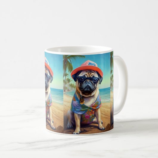 Mops am Strand, Sommergeschenk für Hundefreunde Kaffeetasse (VorderseiteRechts)