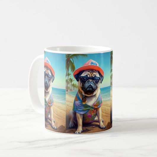 Mops am Strand, Sommergeschenk für Hundefreunde Kaffeetasse (Vorderseite Links)