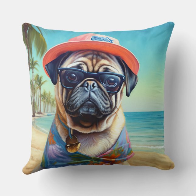 Mops am Strand, Sommergeschenk für Hundefreunde Kissen (Rückseite)