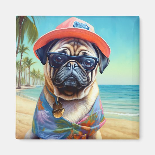 Mops am Strand, Sommergeschenk für Hundefreunde Magnet (Vorne)