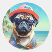 Mops am Strand, Sommergeschenk für Hundefreunde Runder Aufkleber (Vorderseite)
