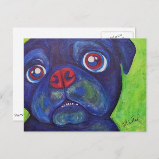 Mops Art "Pugsly Enthusiasm" Postkarte (Vorne/Hinten)