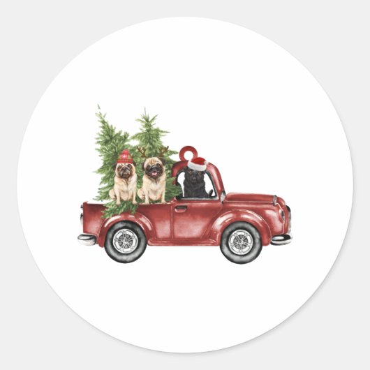 Mops auf dem Auto Weihnachtsschmuck Weihnachtsbaum Runder Aufkleber (Vorderseite)