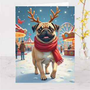 Mops auf dem Winterfestplatz Weihnachtsbild Karte