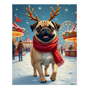 Mops auf dem Winterfestplatz Weihnachtsmalerei Poster