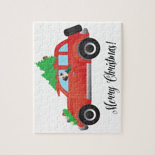 Mops Autofahren Auto mit Weihnachtsbaum oben Puzzle (Vertikal)