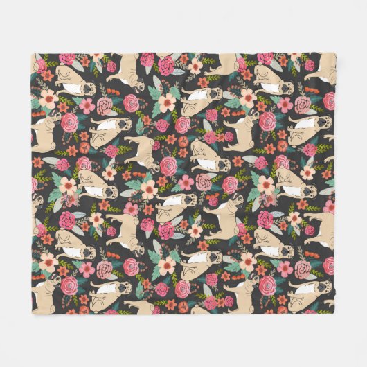 Mops-Blumendecke - niedliche Mops-Blumenmuster Fleecedecke (Vorderseite (Horizontal))