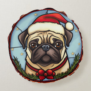 Mops-Buntglas-Weihnachten Rundes Kissen
