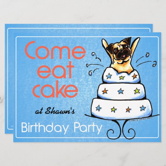 Mops Cake Boy Off-Leash Art™ von Welppy Birthday P Einladung (Vorne/Hinten)