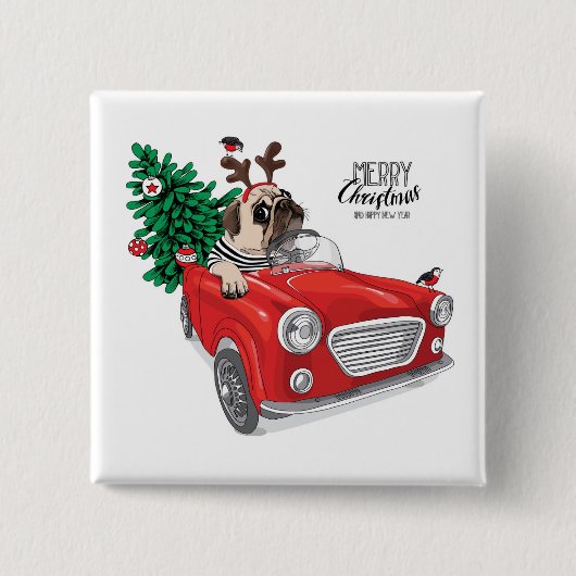 Mops der frohen Weihnacht-|, der Vintages Auto Button (Vorderseite)