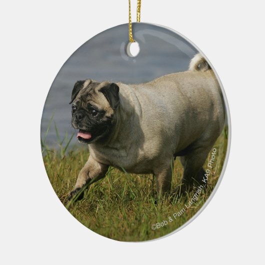 Mops, der nahe Wasser spielt Keramikornament (Links)