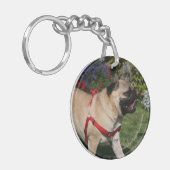 Mops, der rotes Geschirr trägt Schlüsselanhänger (Vorderseite links)