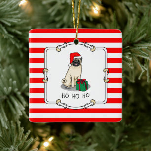 Mops der Weihnachtszeit (helle Weihnachtsmannmütze Keramikornament