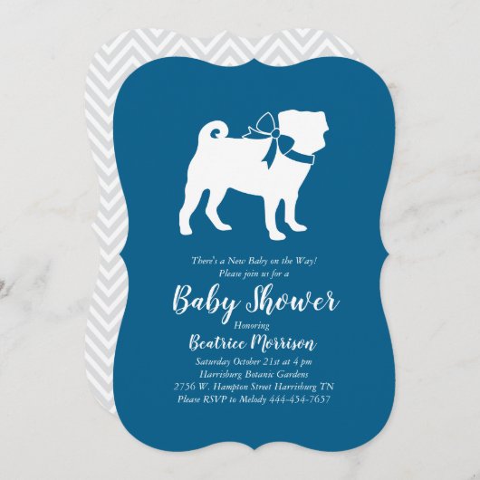Mops Dog Baby Shower Blue für Junge Einladung (Vorne/Hinten)
