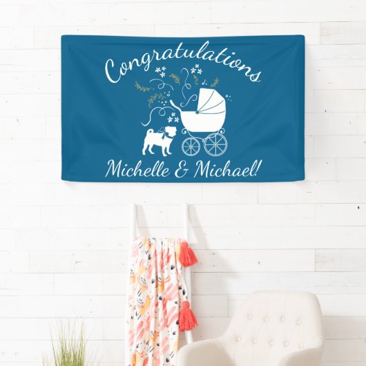 Mops Dog Baby Shower Blue mit Bow Banner (Insitu)