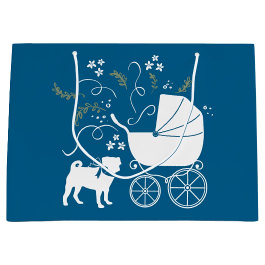 Mops Dog Baby Shower Blue mit Bow Große Geschenktüte (Vorderseite)