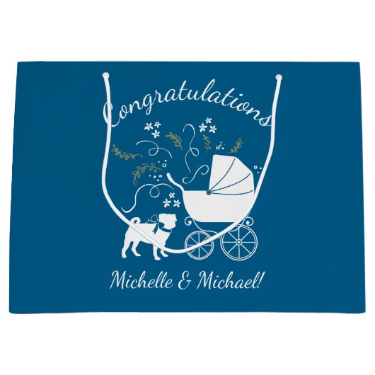 Mops Dog Baby Shower Blue mit Bow Große Geschenktüte (Vorderseite)