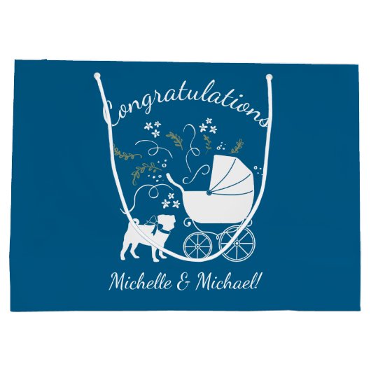 Mops Dog Baby Shower Blue mit Bow Große Geschenktüte (Rückseite)